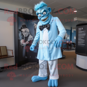 Sky Blue Frankenstein mascot costume character dressed with a Dress Pants and Watches