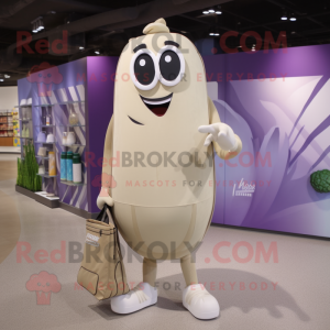 Beige Eggplant mascot costume character dressed with a Board Shorts and Tote bags