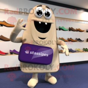 Beige Eggplant mascot costume character dressed with a Board Shorts and Tote bags