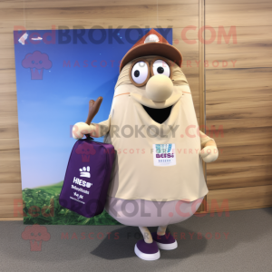 Beige Eggplant mascot costume character dressed with a Board Shorts and Tote bags