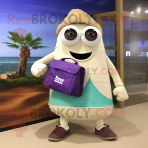 Beige Eggplant mascot costume character dressed with a Board Shorts and Tote bags