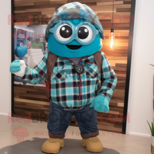 Turquoise Grenade mascot costume character dressed with a Flannel Shirt and Eyeglasses