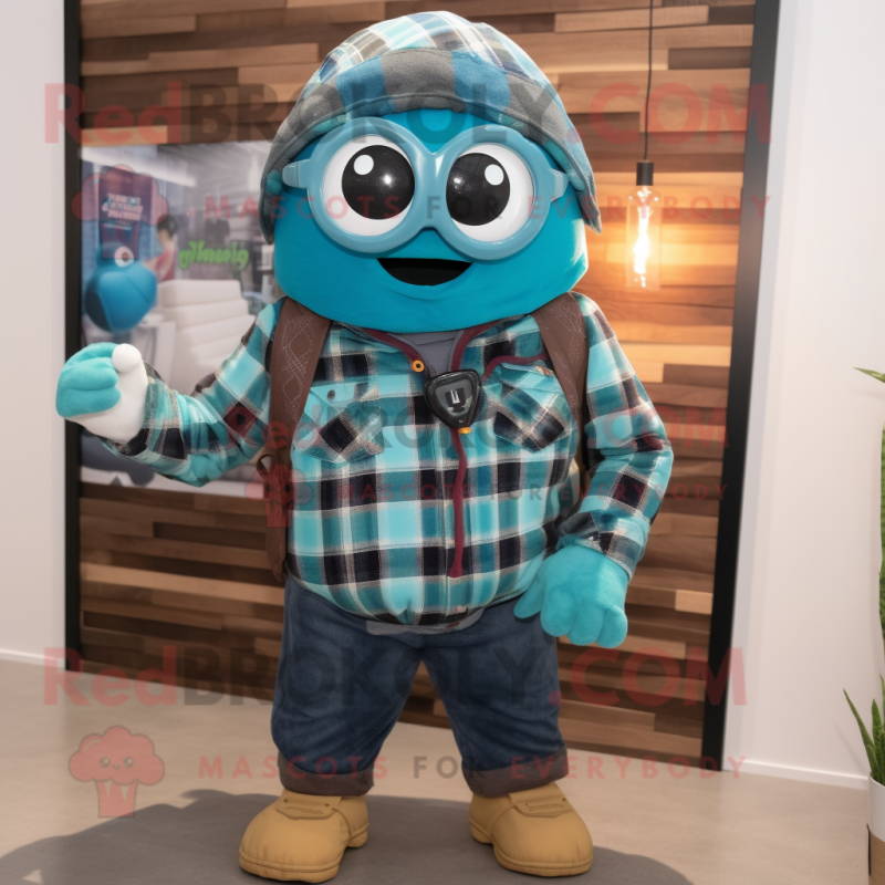 Turquoise Grenade mascot costume character dressed with a Flannel Shirt and Eyeglasses Turquoise Grenade mascot costume character dressed with a Flannel Shirt and Eyeglasses