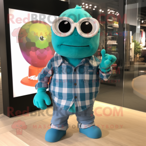 Turquoise Grenade mascot costume character dressed with a Flannel Shirt and Eyeglasses