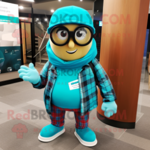 Turquoise Grenade mascot costume character dressed with a Flannel Shirt and Eyeglasses