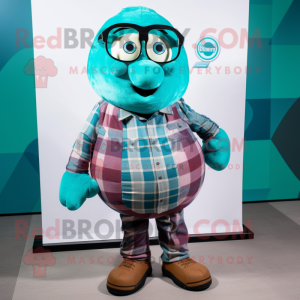 Turquoise Grenade mascot costume character dressed with a Flannel Shirt and Eyeglasses