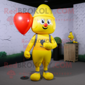 Yellow Heart Shaped Balloons mascot costume character dressed with a Jumpsuit and Beanies
