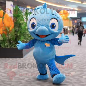 Blue Goldfish mascot costume character dressed with a Joggers and Suspenders