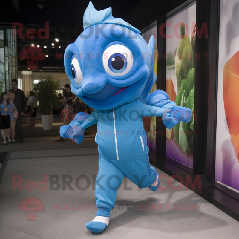 Blue Goldfish mascot costume character dressed with a Joggers and Suspenders