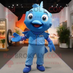 Blue Goldfish mascot costume character dressed with a Joggers and Suspenders