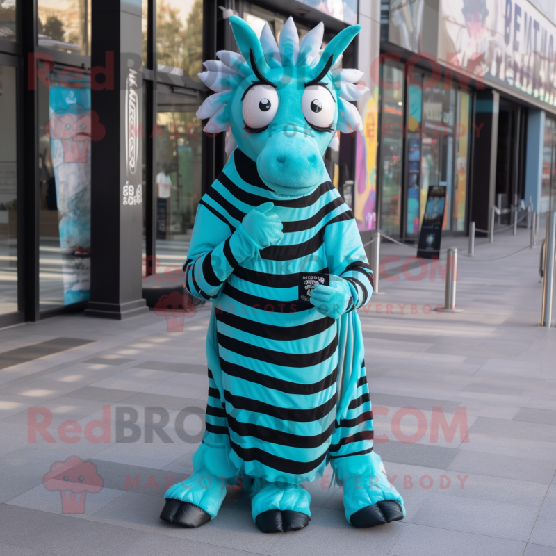 Turquoise Zebra mascot costume character dressed with a Empire Waist Dress and Headbands Turquoise Zebra mascot costume character dressed with a Empire Waist Dress and Headbands