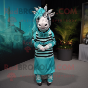 Turquoise Zebra mascot costume character dressed with a Empire Waist Dress and Headbands