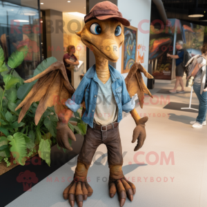 Brown Pterodactyl mascot costume character dressed with a Denim Shirt and Foot pads