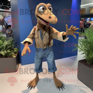 Brown Pterodactyl mascot costume character dressed with a Denim Shirt and Foot pads