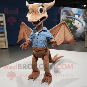 Brown Pterodactyl mascot costume character dressed with a Denim Shirt and Foot pads