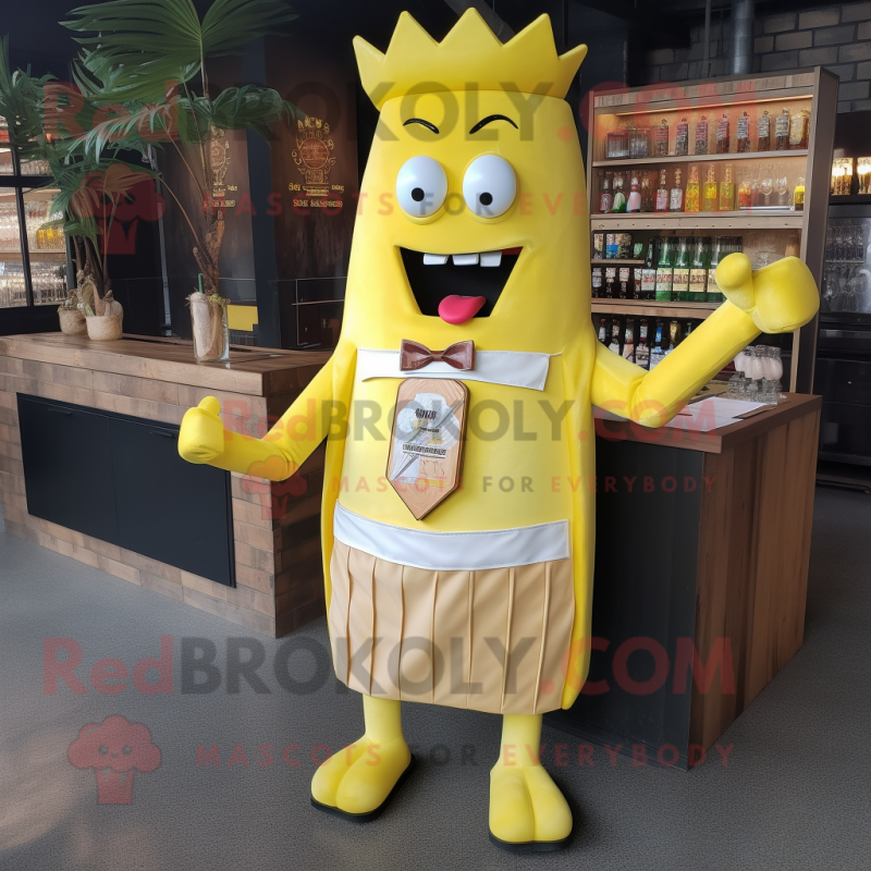 Yellow Bbq Ribs mascot costume character dressed with a Cocktail Dress and Pocket squares Yellow Bbq Ribs mascot costume character dressed with a Cocktail Dress and Pocket squares