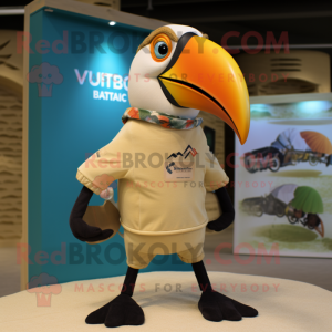 Beige Toucan mascot costume character dressed with a Board Shorts and Cufflinks
