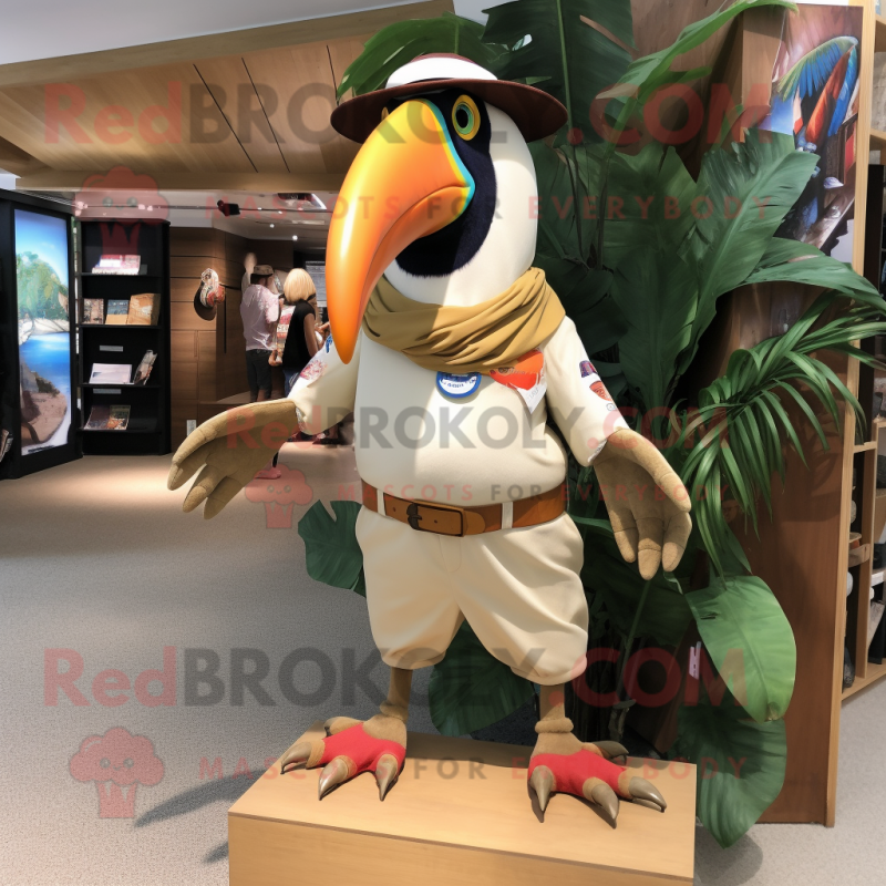 Beige Toucan mascot costume character dressed with a Board Shorts and Cufflinks