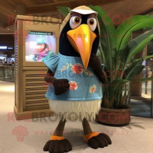 Beige Toucan mascot costume character dressed with a Board Shorts and Cufflinks