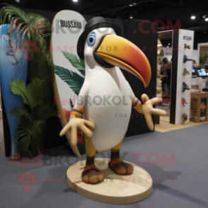 Beige Toucan mascot costume character dressed with a Board Shorts and Cufflinks