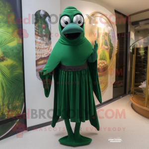 Forest Green Moussaka mascot costume character dressed with a Sheath Dress and Shawl pins