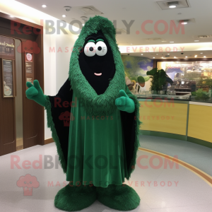 Forest Green Moussaka mascot costume character dressed with a Sheath Dress and Shawl pins