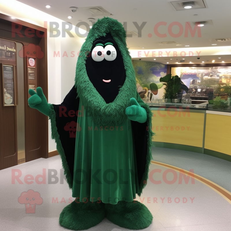 Forest Green Moussaka mascot costume character dressed with a Sheath Dress and Shawl pins Forest Green Moussaka mascot costume character dressed with a Sheath Dress and Shawl pins