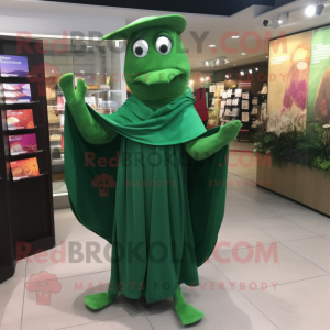 Forest Green Moussaka mascot costume character dressed with a Sheath Dress and Shawl pins