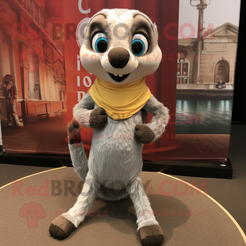 Silver Meerkat mascot costume character dressed with a Running Shorts and Scarf clips