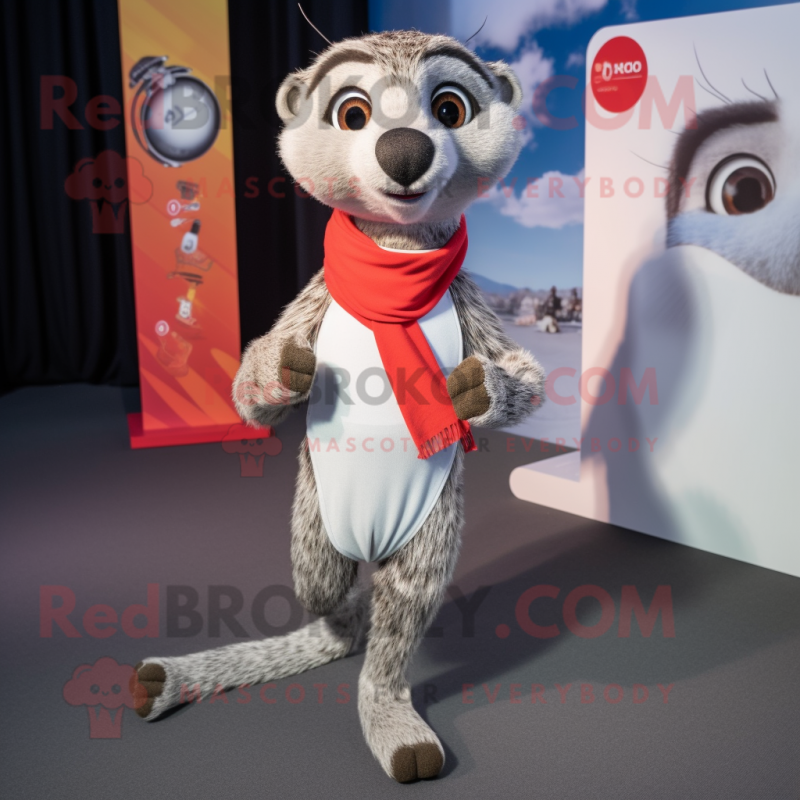 Silver Meerkat mascot costume character dressed with a Running Shorts and Scarf clips