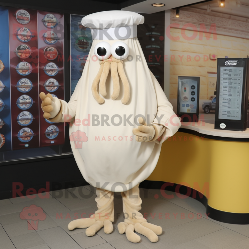 Cream Fried Calamari mascot costume character dressed with a Dress Pants and Bracelet watches