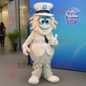 Cream Fried Calamari mascot costume character dressed with a Dress Pants and Bracelet watches