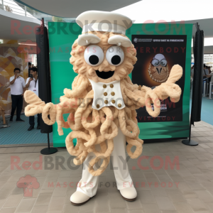 Cream Fried Calamari mascot costume character dressed with a Dress Pants and Bracelet watches