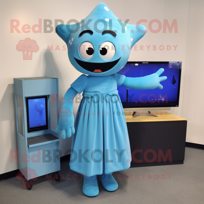 Sky Blue Television mascot costume character dressed with a Midi Dress and Wraps Sky Blue Television mascot costume character dressed with a Midi Dress and Wraps