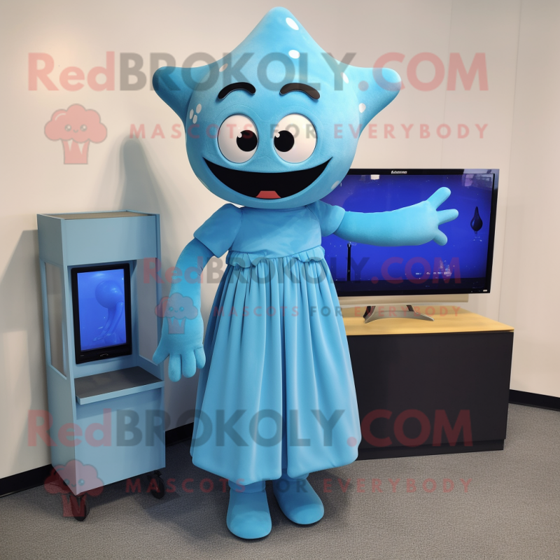 Sky Blue Television mascot costume character dressed with a Midi Dress and Wraps