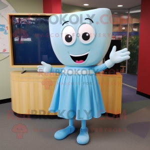 Sky Blue Television mascot costume character dressed with a Midi Dress and Wraps