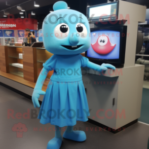 Sky Blue Television mascot costume character dressed with a Midi Dress and Wraps