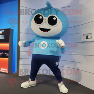 Sky Blue Moussaka mascot costume character dressed with a Yoga Pants and Smartwatches