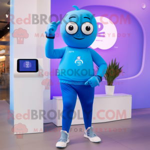 Sky Blue Moussaka mascot costume character dressed with a Yoga Pants and Smartwatches