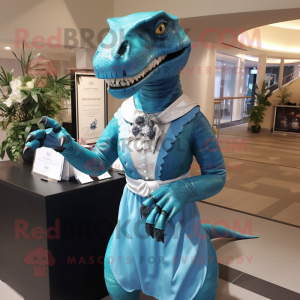 Cyan Allosaurus mascot costume character dressed with a Empire Waist Dress and Clutch bags