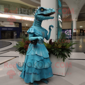 Cyan Allosaurus mascot costume character dressed with a Empire Waist Dress and Clutch bags