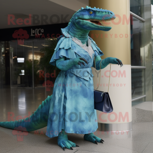 Cyan Allosaurus mascot costume character dressed with a Empire Waist Dress and Clutch bags