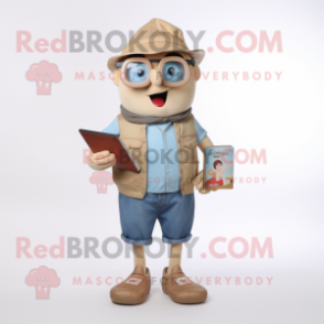 Beige Aglet mascot costume character dressed with a Denim Shorts and Reading glasses