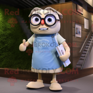 Beige Aglet mascot costume character dressed with a Denim Shorts and Reading glasses