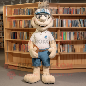 Beige Aglet mascot costume character dressed with a Denim Shorts and Reading glasses