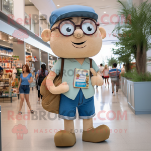 Beige Aglet mascot costume character dressed with a Denim Shorts and Reading glasses
