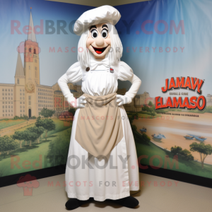 White Jambalaya mascot costume character dressed with a Maxi Skirt and Suspenders