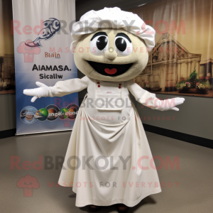 White Jambalaya mascot costume character dressed with a Maxi Skirt and Suspenders