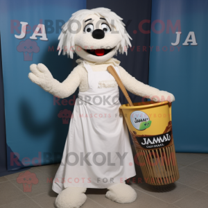 White Jambalaya mascot costume character dressed with a Maxi Skirt and Suspenders