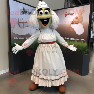 White Jambalaya mascot costume character dressed with a Maxi Skirt and Suspenders